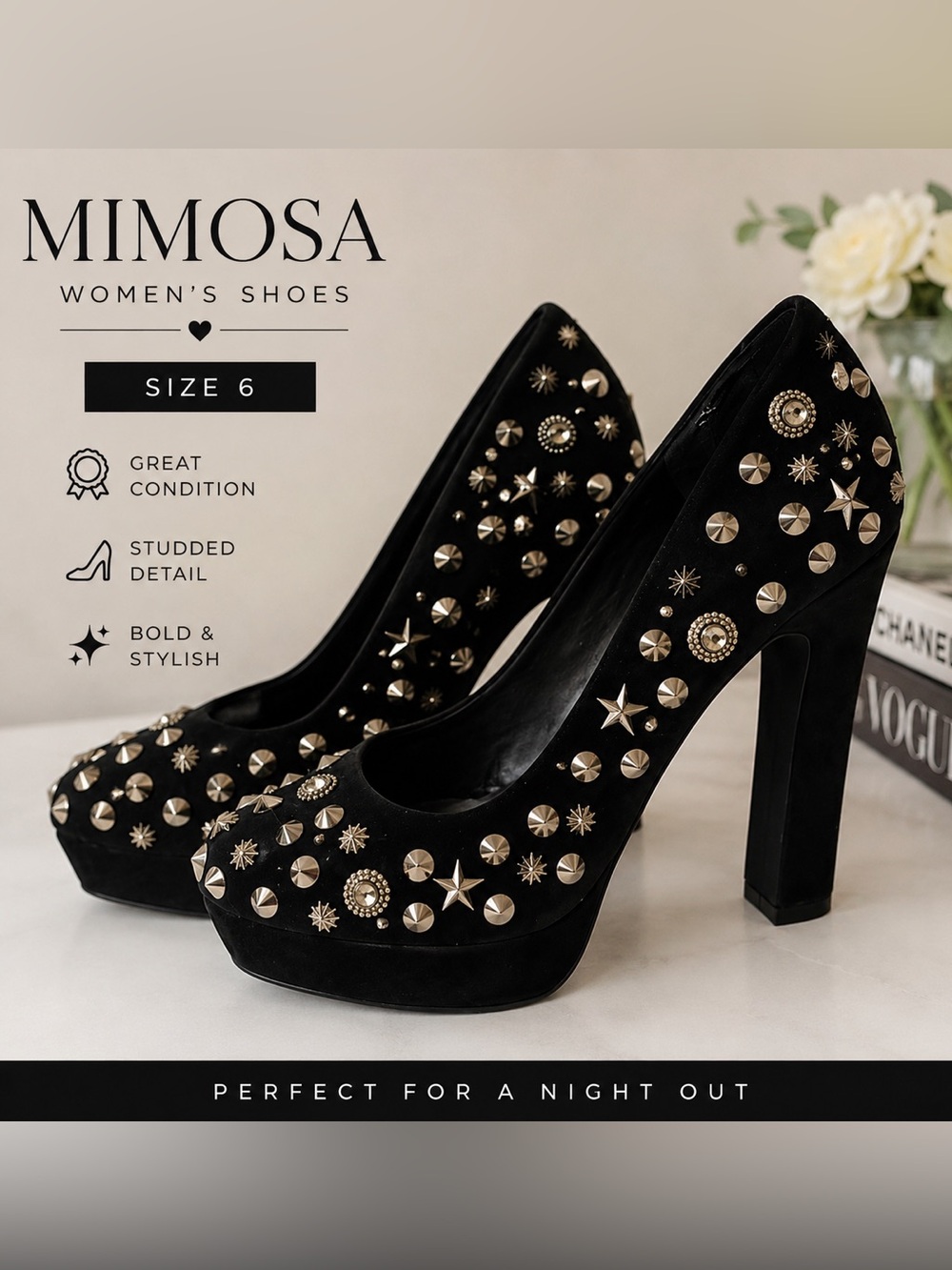 Mimosa Black Studded Platform Heels Pumps Size 6